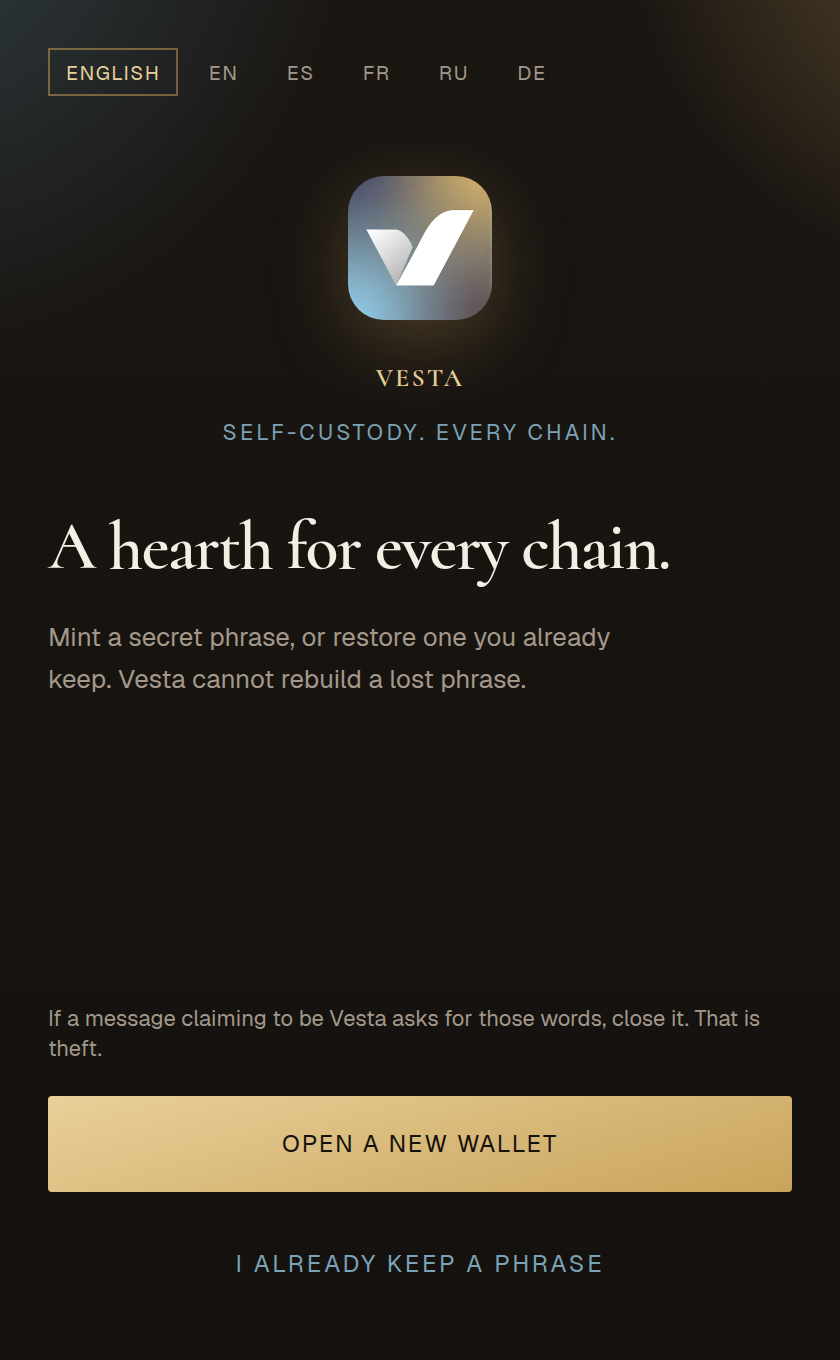 Vesta welcome screen: a hearth for every chain.